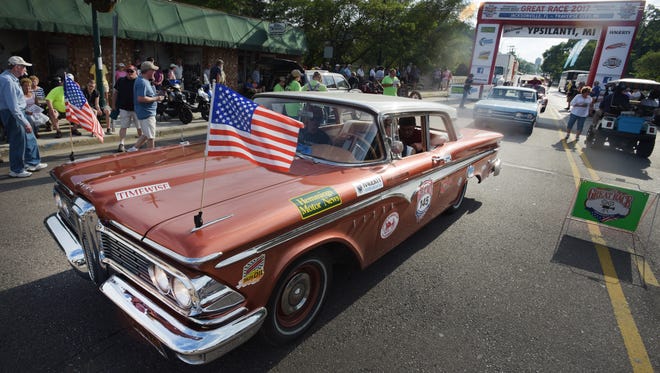 Team American Driving Museum with driver Alec Carlson and navigator Dale Van Ingen pull their 1959 Edsel 2 door into Depot Town.