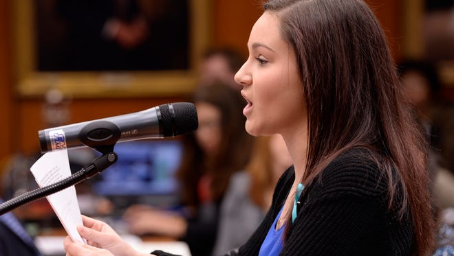Kaylee Lorincz, 18, of Macomb, gives her Nassar-survivor statement to the MSU board Friday morning.