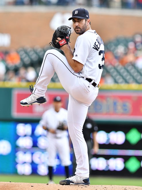 Tigers pitcher Justin Verlander pitches against the Kansas City Royals at Comerica Park in Detroit on June 27, 2017.
