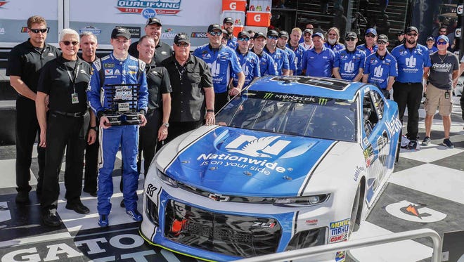 Alex Bowman, driver of the #88 Nationwide Camaro ZL1, is shown with his team owner, Rick Hendrick, and crew after capturing pole for Sunday's Monster Energy NASCAR Daytona 500. Bowman put the Camaro on pole for its maiden NASCAR race.