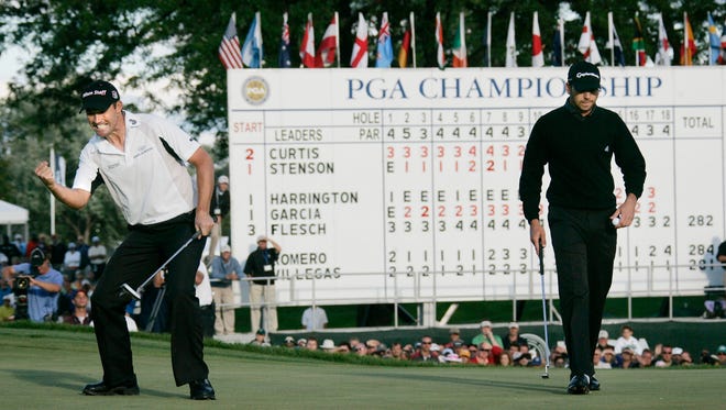 Padraig Harrington wins the 2008 PGA Championship at Oakland Hills as Sergio Garcia looks on.