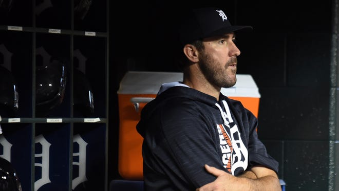 Tigers pitcher Justin Verlander, left, in the dugout in the seventh inning with the Kansas City Royals at Comerica Park in Detroit on July 26, 2017.