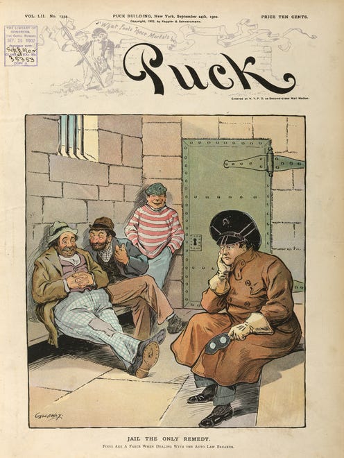 "Jail the Only Remedy" is the title of this 1902 Puck magazine illustration showing an automobile driver in jail. Anger over the huge number of injuries and fatalities caused by speeding cars was a common sentiment in the early 20th century.
