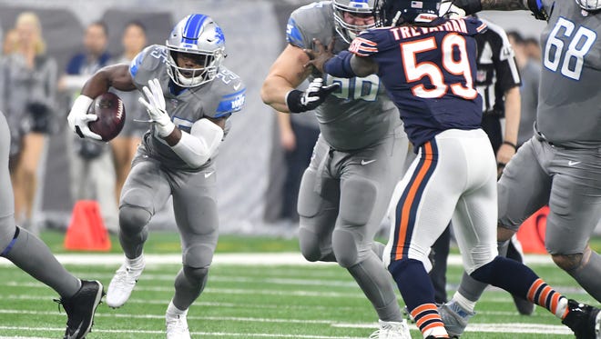The pistol was Detroit's preferred formation to run the ball, with 16 of 21 carries coming from the set. Running backs Theo Riddick (pictured) and Tion Green shouldered the load.