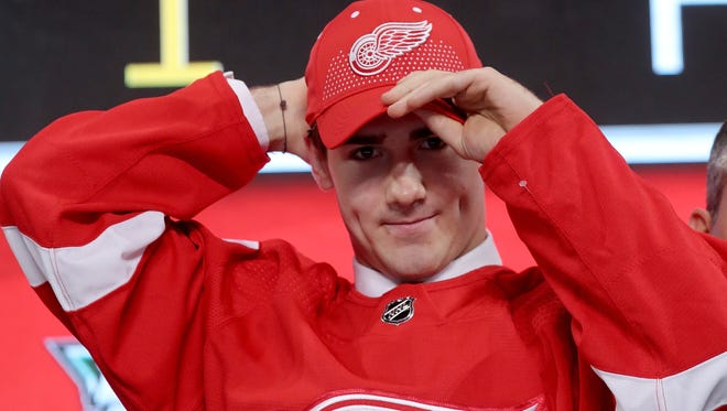 Filip Zadina reacts after being selected No. 6 overall by the Red Wings in the NHL Draft on Friday.