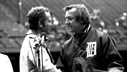 Gov. William G. Milliken shakes hands with Tigers outfielder Al Kaline at Tiger Stadium on Al Kaline Day in 1974. Kaline played his last game on Oct. 2, 1974.