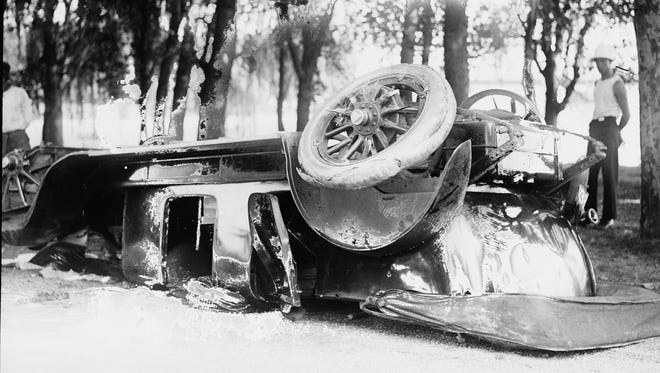 A car flips and crashes in 1918 in Washington, D.C. Automobiles were portrayed in newspapers, books and movies as toys of the wealthy driven by young socialites who were typically drinking alcohol as they toured the country side or roared through small farming towns.