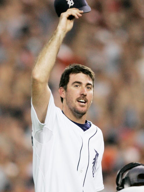 Justin Verlander waves his hat to the crowd after his first no-hitter, this one at Comerica Park in Detroit against the Milwaukee Brewers on June 12, 2007.