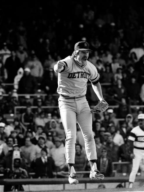 Detroit Tigers pitcher Jack Morris leaps in the air after striking out Ron Kittle in the ninth inning for a no-hitter against the Chicago White Sox in Chicago, Ill., Saturday, April 7, 1984.