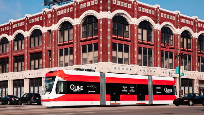 A QLine streetcar in downtown Detroit
