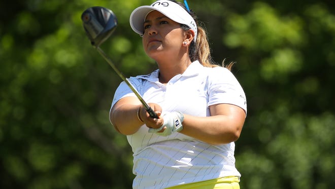 Lizette Salas watches her tee shot on the ninth hole during the first round of the LPGA Volvik Championship at Travis Pointe Country Club in Ann Arbor, Michigan Thursday.
