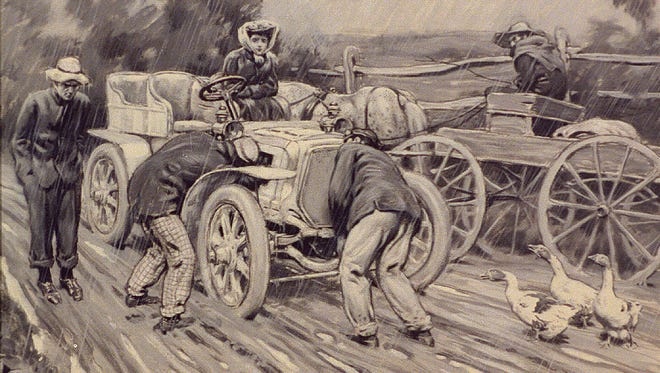 A 1905 Collier's Weekly illustration shows a farmer in a horse-drawn wagon squeezing around city people attempting to fix their car. Many farmers, hostile to automobiles, set up roadblocks and booby traps to stop cars from racing down their roads and scaring their horses.