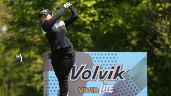 Moriya Jutanugarn of Thailand watches her tee shot on the ninth hole during the first round of the LPGA Volvik Championship on May 24, 2018 at Travis Pointe Country Club Ann Arbor, Michigan.