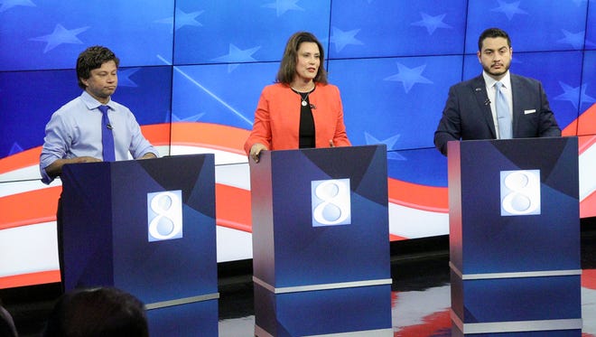 (From left) Businessman Shri Thanedar, former state Senate minority leader Gretchen Whitmer, and Dr. Abdul El-Sayed participate in a televised gubernatorial debate in Grand Rapids on Wednesday.