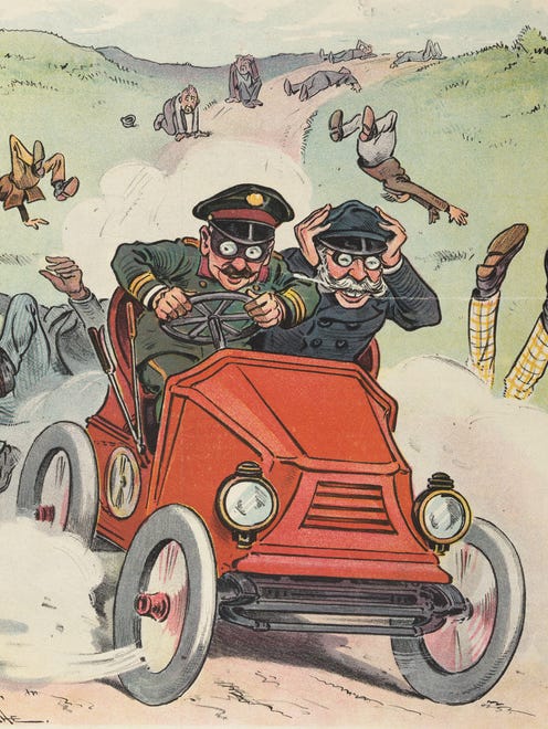 In this 1902 illustration in Puck magazine, a wealthy old man driven by his chauffeur races through the countryside during a cross-country auto race, having struck several pedestrians who are not used to encountering automobiles on country roads.