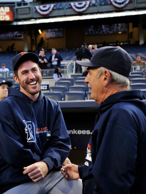 (caption) Tigers pitcher Justin Verlander laughs as skipper Jim Leyland relays a joke he told during his press conference earlier in the day. Leyland told reporters that a professor from an un-named New York college told messaged him that he should start Jose Valverde, pitch him five innnings, then have Verlander finish the game.   *** Detroit Tigers starting pitcher Doug Fister faces New York Yankees rookie starter Ivan Nova in the winner-take-all Game 5 of the ALDS at Yankee Stadium in the Bronx, New York. Photos taken on Thursday, October 6, 2011. ( John T. Greilick / The Detroit News )