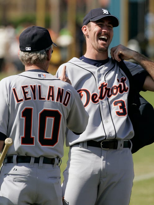 Detroit Tigers manager Jim Leyland gets pitcher Justin Verlander laughing at Spring Training in Lakeland in 2006.