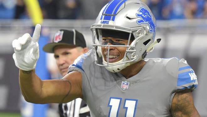 Lions wide receiver Marvin Jones Jr. is all smiles after a long leaping reception to set up a touchdown in the second quarter.