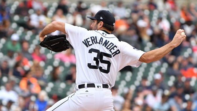 Tigers pitcher Justin Verlander works in the sixth inning against the Seattle Mariners at Comerica Park in Detroit on April 27, 2017.