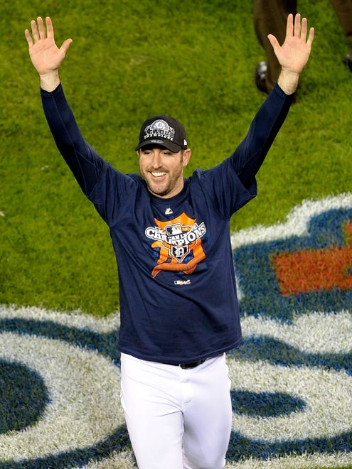 Justin Verlander celebrates a sweep of the New York Yankees and a trip to the World Series in 2012.