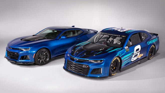 Based on the 650-hp, supercharged Camaro ZL1 production mode (left)l, the new Camaro ZL1 NASCAR Cup car bucks the trend of family car NASCAR racers like the Ford Fusion and Toyota Camry.