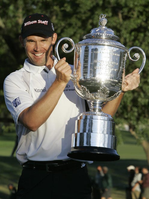 Padraig Harrington, of Ireland, holds up the Wanamaker Trophy after winning the the 90th PGA Championship golf tournament in 2008 at Oakland Hills Country Club in Bloomfield Township.