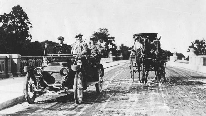 Cars and horses shared roads uneasily in the early decades of the 20th century.  Horses were often frightened by the sounds of automobiles.
