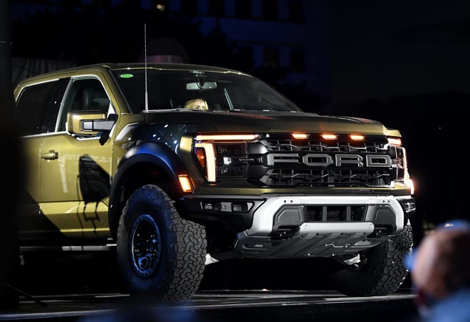 The new F-150 Raptor at the F-150 Fest with the 2024 Ford F-150 reveal at Hart Plaza in Detroit on Sept. 12, 2023.
