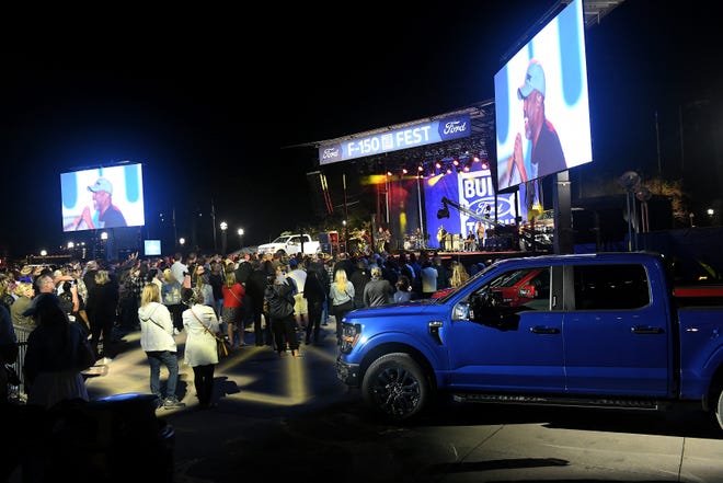 A 2024 Ford F-150 on display after the reveal during the Darius Rucker concert at F-150 Fest at Hart Plaza in Detroit on Sept. 12, 2023.