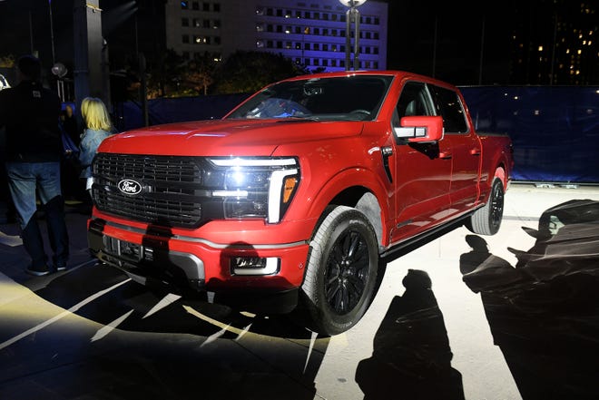 A 2024 Ford F-150 on display after the reveal at F-150 Fest at Hart Plaza in Detroit on Sept. 12, 2023.
