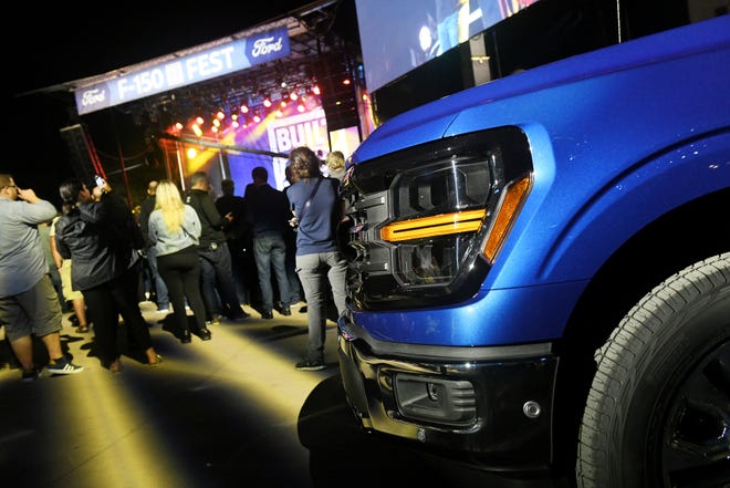 A 2024 Ford F-150 on display after the reveal at F-150 Fest at Hart Plaza in Detroit on Sept. 12, 2023.