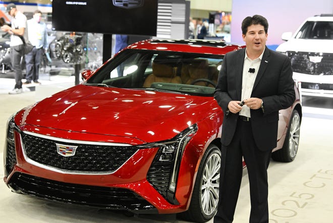 Global VP of Cadillac John Roth during a Cadillac reveal of a refreshed version of its gas-powered CT5 sedan at the North America International Auto Show at Huntington Place in Detroit, Michigan on September 13, 2023.