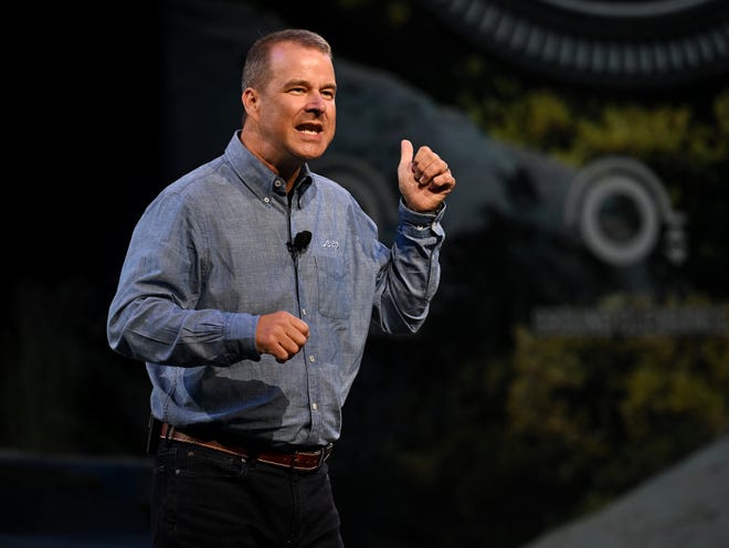 Senior Vice President & Head Jeep Brand North America Jim Morrison talks about the 2024 Jeep Gladiator reveal at Huntington Place in Detroit on Sept. 13, 2023.