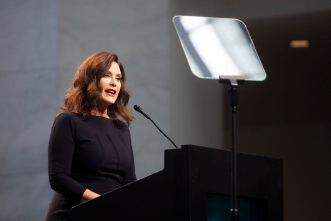 Gov. Gretchen Whitmer speaks before a ribbon cutting ceremony during the Detroit Auto Show Charity Preview Gala on Friday, Sept. 15, 2023 at Huntington Place in downtown Detroit. (Katy Kildee/The Detroit News)