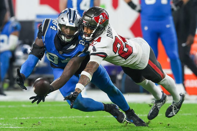 New Lions cornerback Carlton Davis III, right, breaks up a pass intended for Panthers tight end Stephen Sullivan during the second half of the Bucs' game last year in Tampa, Fla.