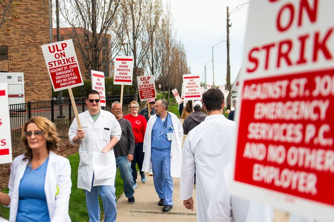 Physicians and physician assistants from the Ascension St. John Emergency Department begin a 24-hour strike on Thursday, April 18, 2024 at the hospital in Detroit.