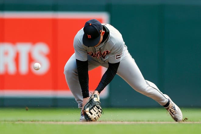Tigers first baseman Spencer Torkelson commits a fielding error against the Twins in the fifth inning.