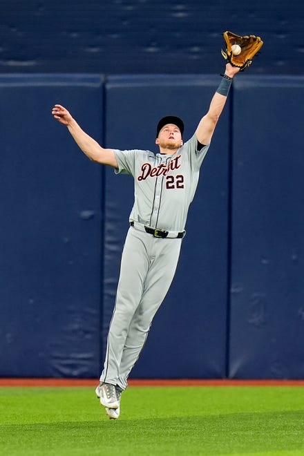 Detroit Tigers center fielder Parker Meadows makes a leaping catch in a fly out by Tampa Bay Rays' Harold Ramirez during the fourth inning.