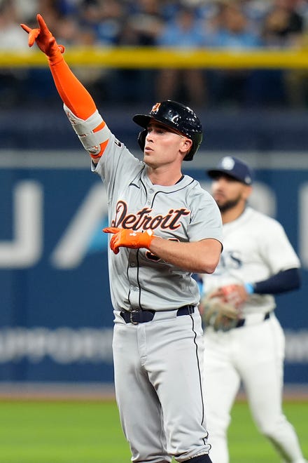 Detroit Tigers' Kerry Carpenter celebrates after his RBI double off Tampa Bay Rays relief pitcher Chris Devenski scored Mark Canha during the seventh inning.