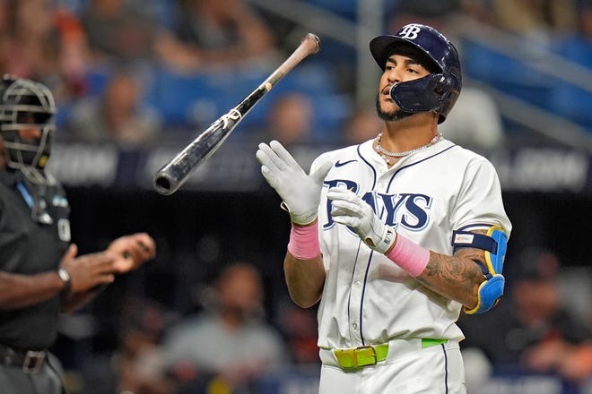 Tampa Bay Rays' Jose Siri flips his bat after getting called out on strikes on a pitch from Detroit Tigers' Shelby Miller during the eighth inning.