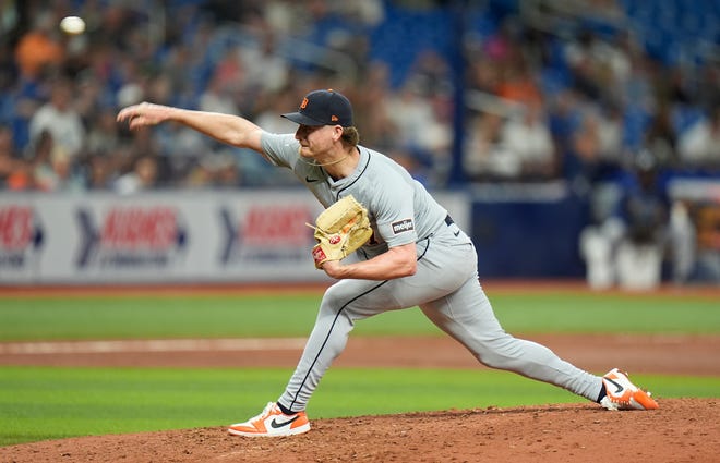 Detroit Tigers relief pitcher Shelby Miller against the Tampa Bay Rays during the eighth inning.