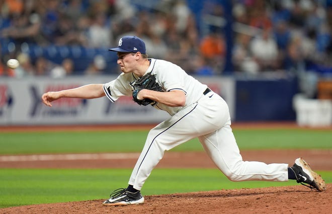 Tampa Bay Rays relief pitcher Kevin Kelly against the Detroit Tigers during the ninth inning.