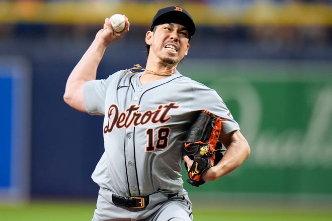 Detroit Tigers starting pitcher Kenta Maeda delivers to a Tampa Bay Rays batter during the first inning.