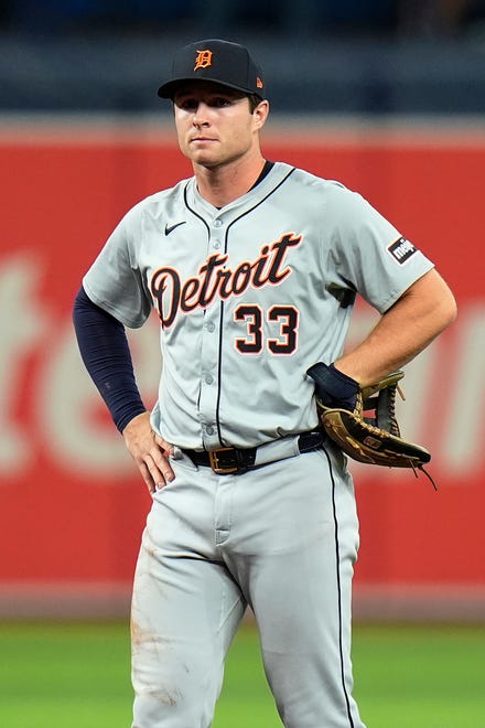 Detroit Tigers second baseman Colt Keith reacts after his error allowed Tampa Bay Rays' Jose Caballero to reach first safely during the third inning.