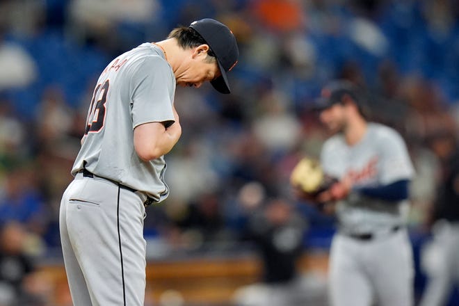 Detroit Tigers starting pitcher Kenta Maeda, of Japan, takes a moment before pitching to the Tampa Bay Rays during the fifth inning.