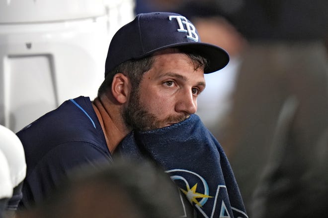 Tampa Bay Rays relief pitcher Colin Poche reacts in the dugout after giving up three-runs to the Detroit Tigers during the eighth inning.