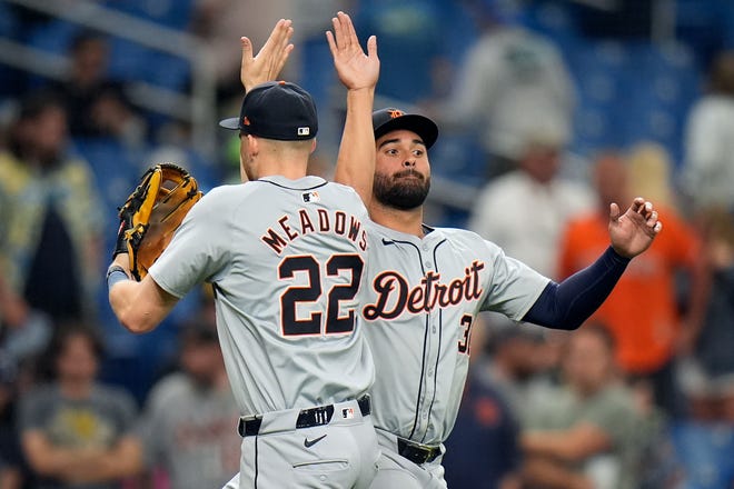 Detroit Tigers' Riley Greene, right, celebrates with Parker Meadows after the Tigers defeated the Tampa Bay Rays, 4-2, in a baseball game Tuesday, April 23, 2024, in St. Petersburg, Fla.