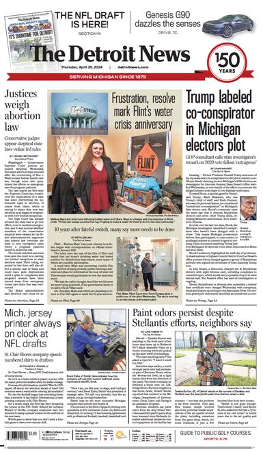 The front page of The Detroit News on Thursday, April 25, 2024.