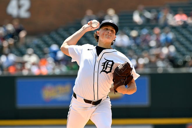 Tigers starting pitcher Reese Olson throws against the Royals in the first inning.
