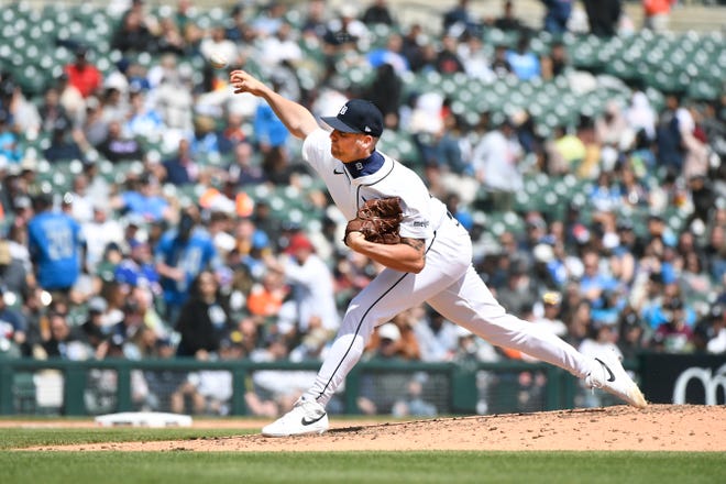 Tigers relief pitcher Alex Lange throws against the Royals in the eighth inning.
